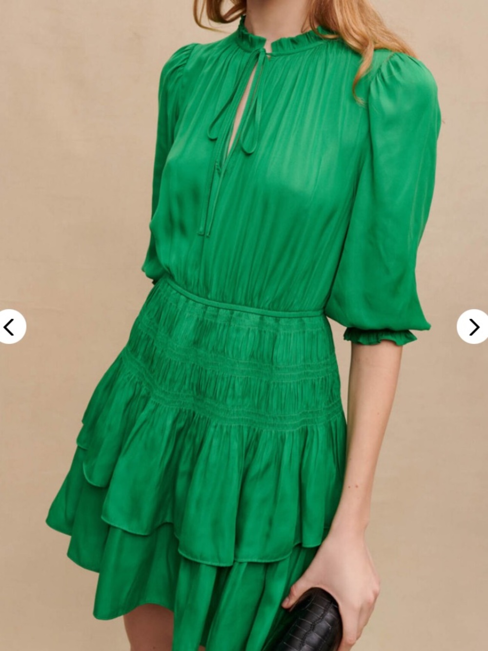 Maje Emerald Green Tiered Ruffle Mini Dress with Tie Neck